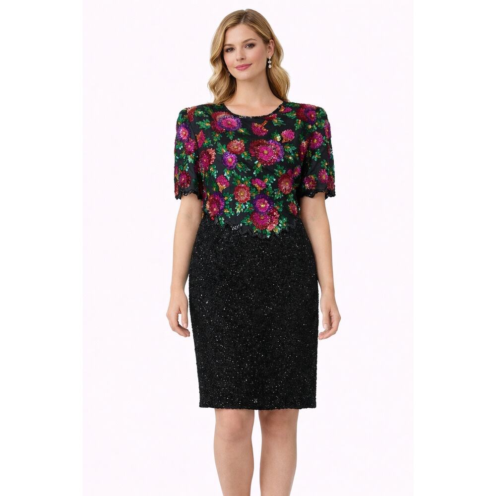 1980s Lawrence Kazar Silk Beaded Floral Cocktail Dress large to XL